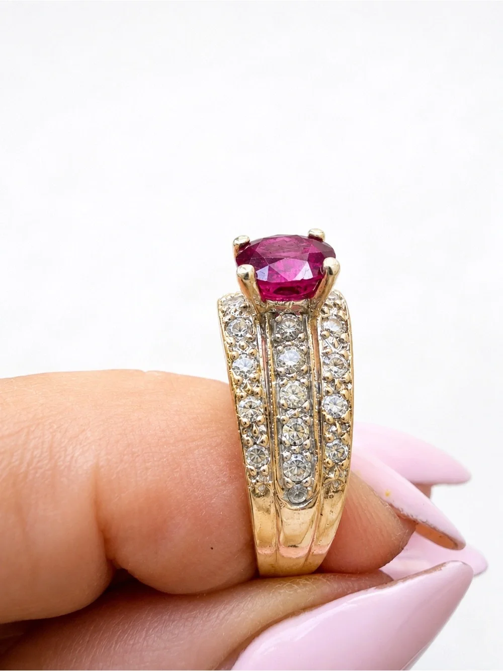 14K Gold Ruby Diamond Ring | Vintage Statement  Ring | Multi-Row Diamond.